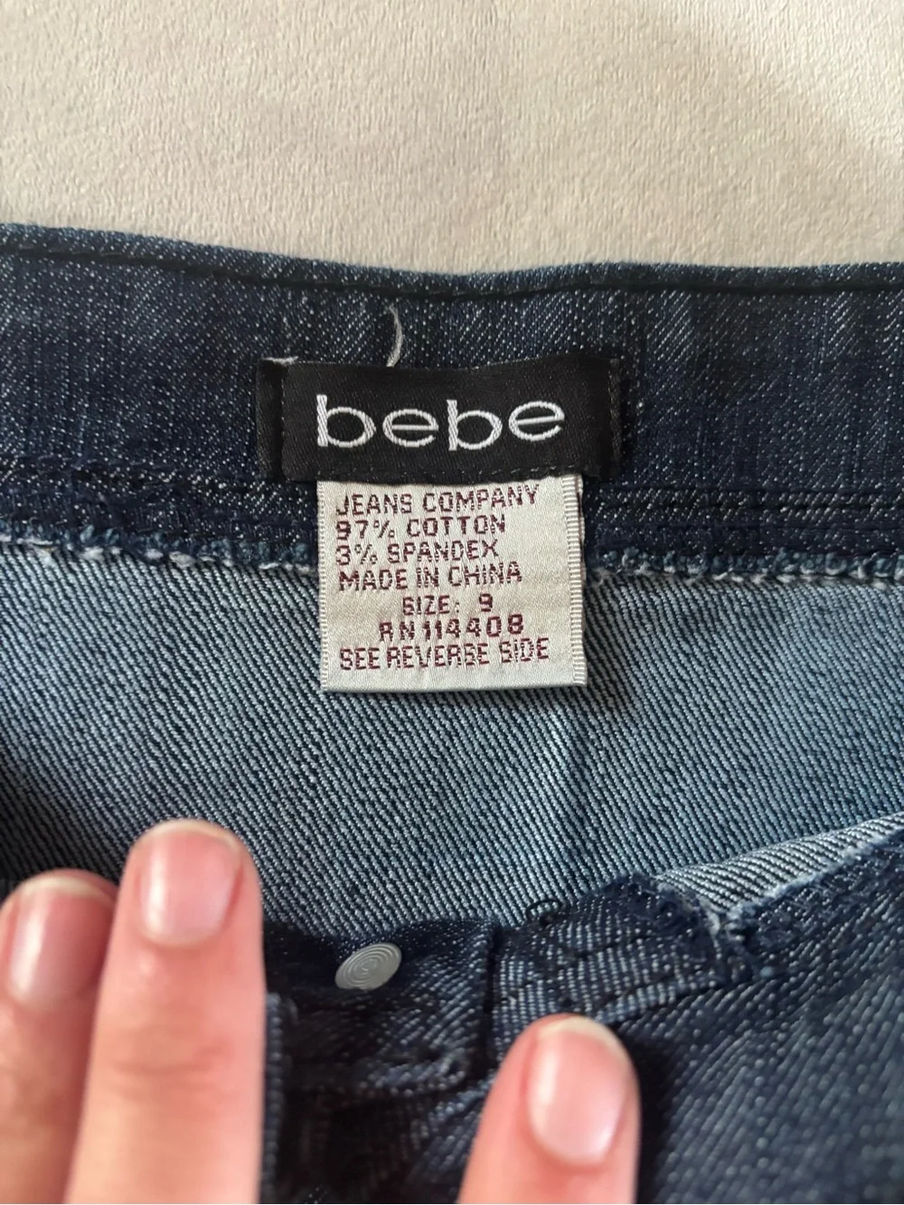 Bebe High Waisted Denim Shorts Size 9 Y2K Studded Logo Dark Wash Stretch